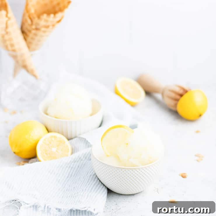 Refreshing Lemon Ginger Sorbet Recipe for Summer Desserts 5 two scoops of lemon sorbet in bowls.