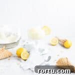 lemon sorbet in a glass with ice cream cones and lemons in the background.