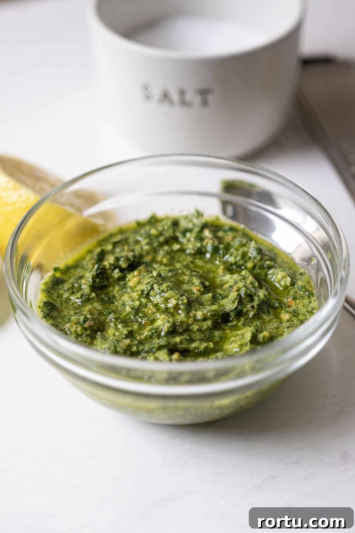 Pistachio pesto in a bowl