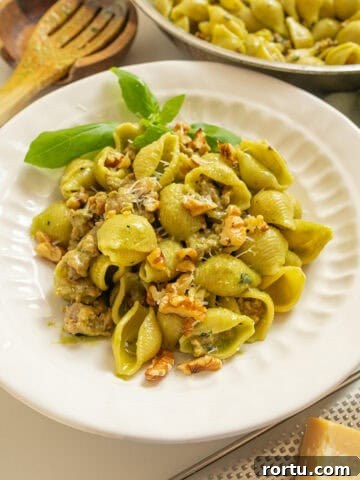 Kale and walnut pesto with shell pasta in a bowl.