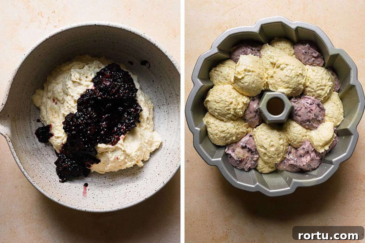 creating marble design to blackberry cake