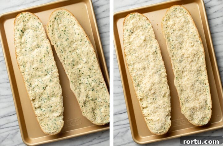 Indulgent Garlic Cheese Bread Recipe for Garlic Lovers 5 spreading garlic butter on bread and topping with parmesan