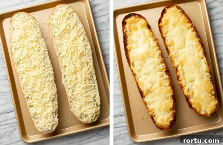 Indulgent Garlic Cheese Bread Recipe for Garlic Lovers 6 cheesy garlic bread before and after baking