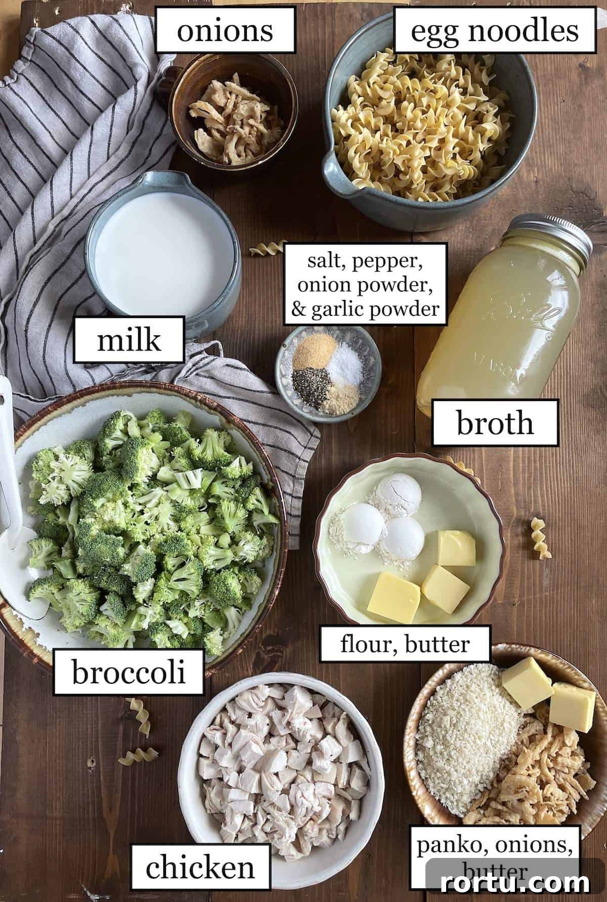 The ingredients in cheesy chicken and broccoli casserole, laid out and labeled.