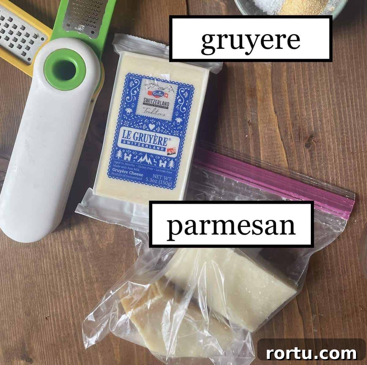 Two blocks of parmesan cheese and a block of gruyere with a grater, labeled.