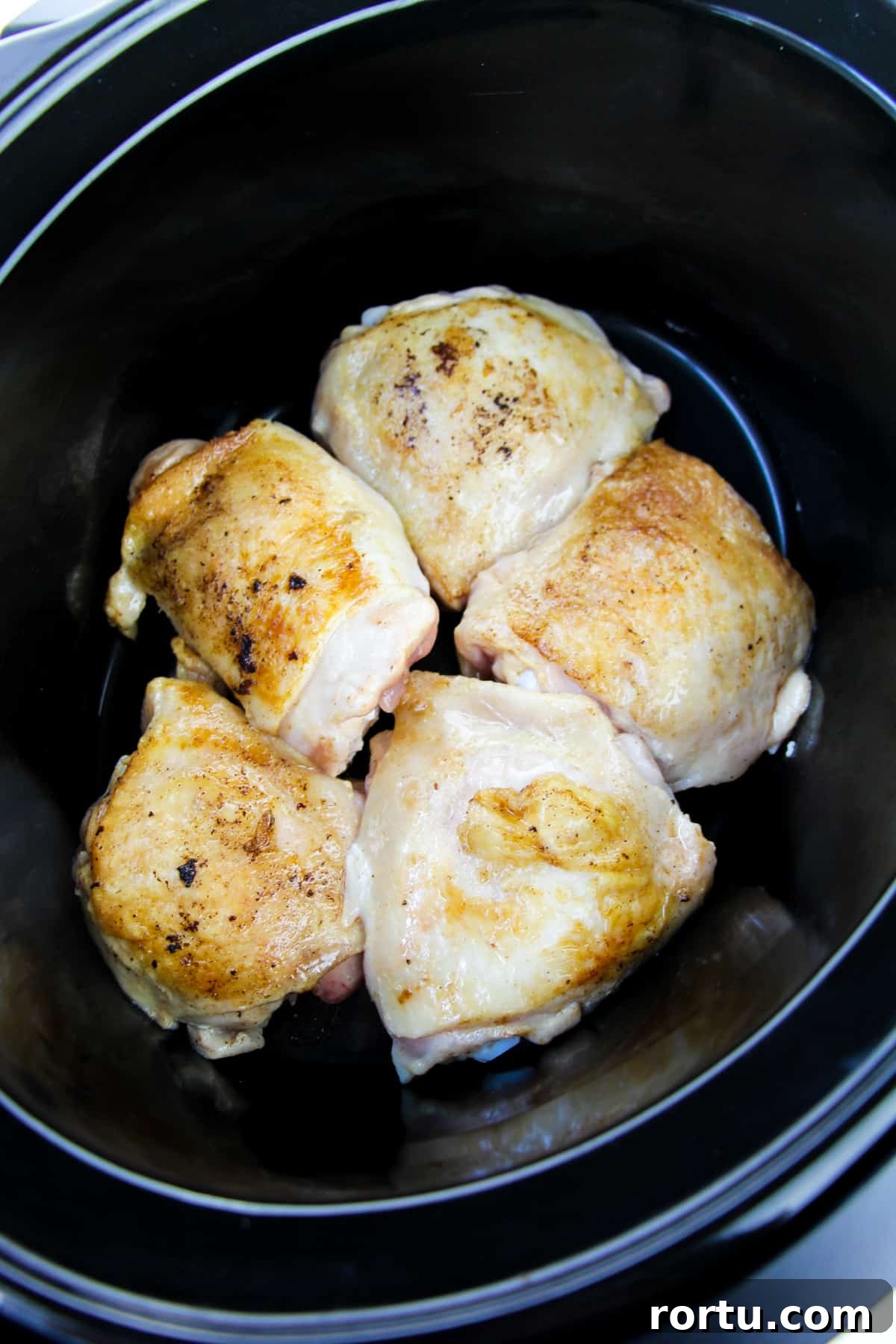 5 seared chicken thighs in bottom of crockpot