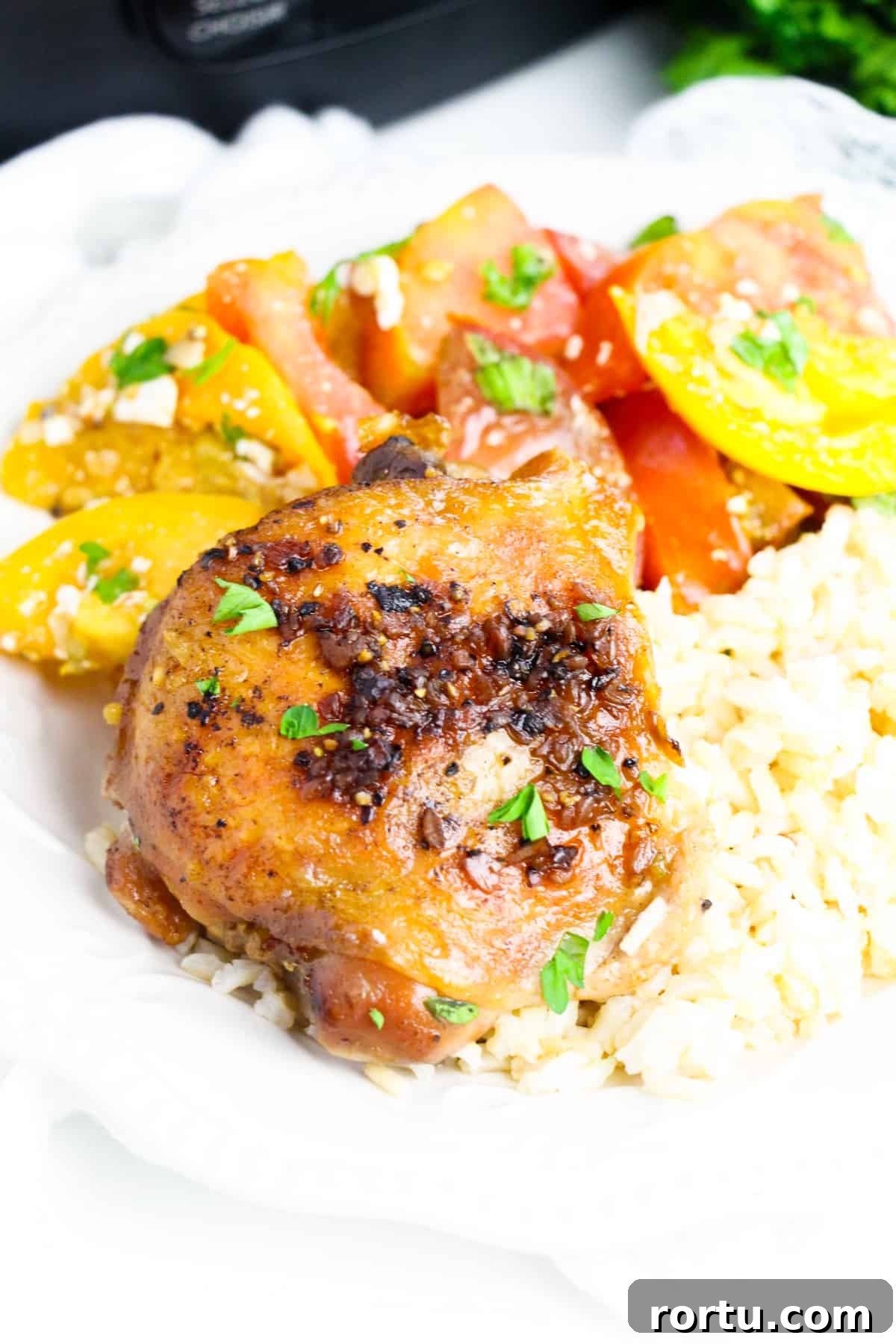 Garlic Brown Sugar Chicken Thigh with rice and tomato salad