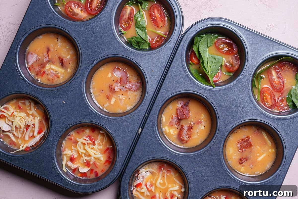 The image shows three toppings being added to the mixture, creating four muffin cups of each variety.