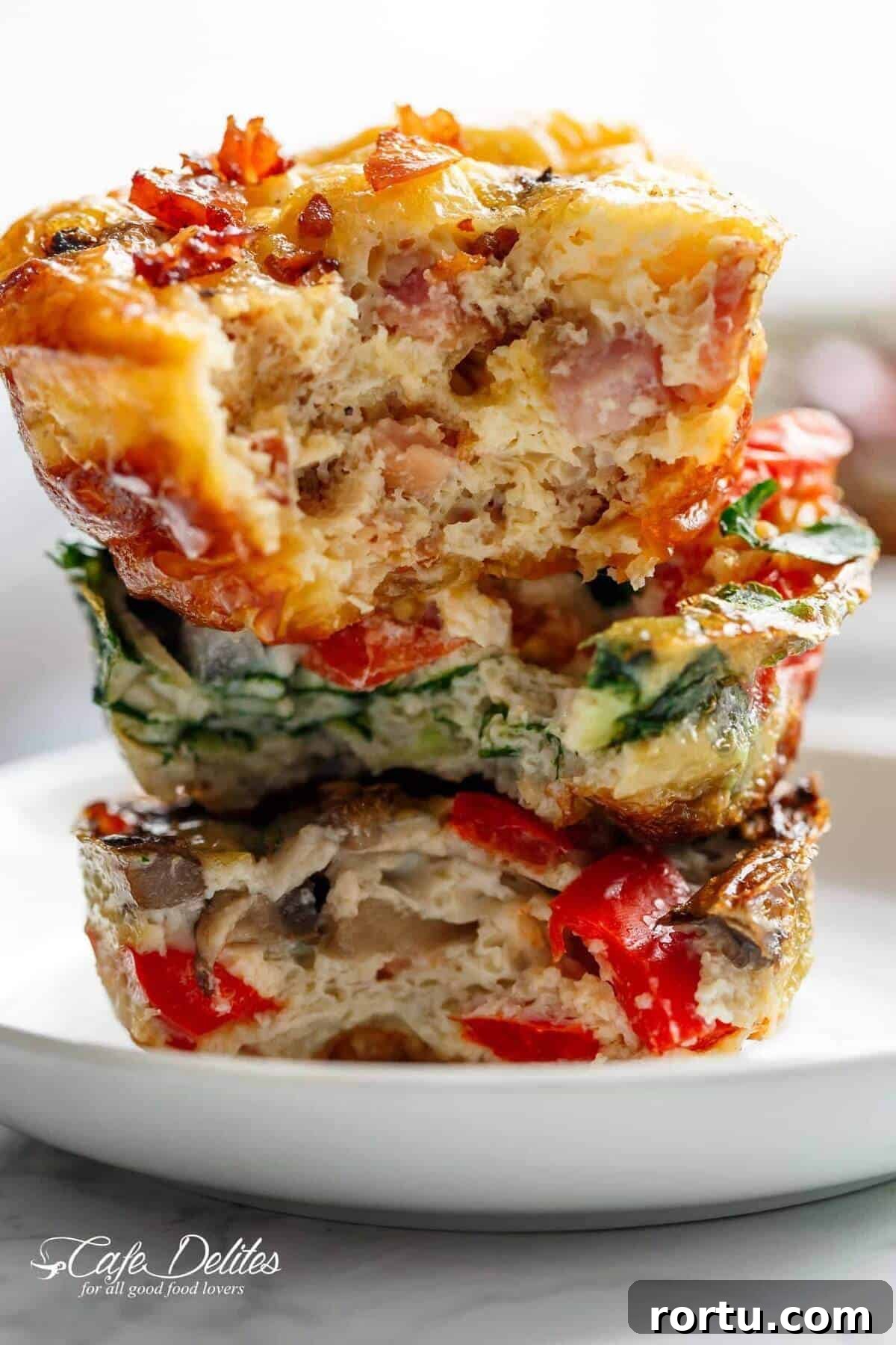 A stack of low-carb, filling 3 Ways Breakfast Egg Muffins, perfect for a quick grab-and-go meal.