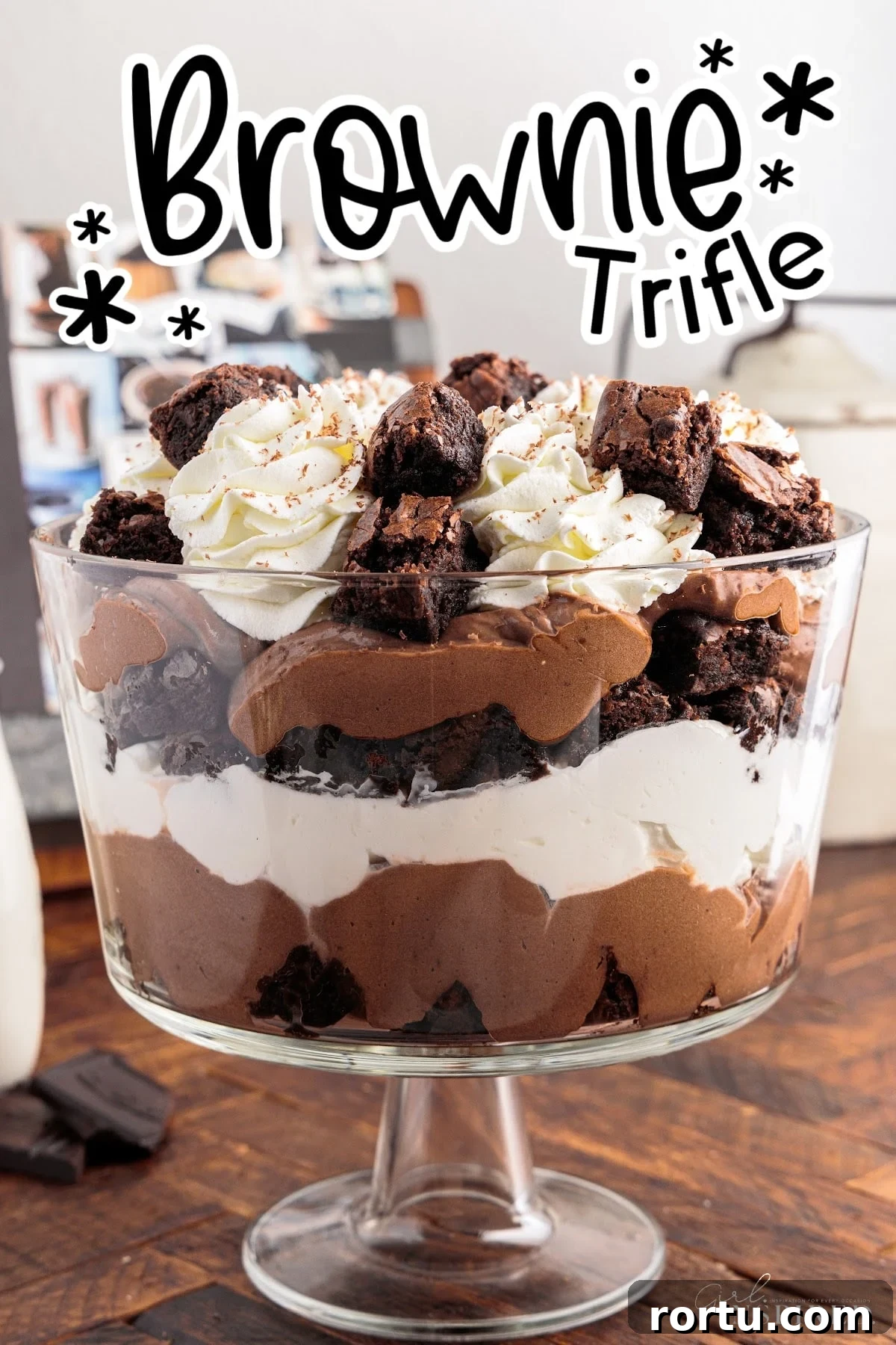 Brownie Trifle in glass trifle dish with text overlay.