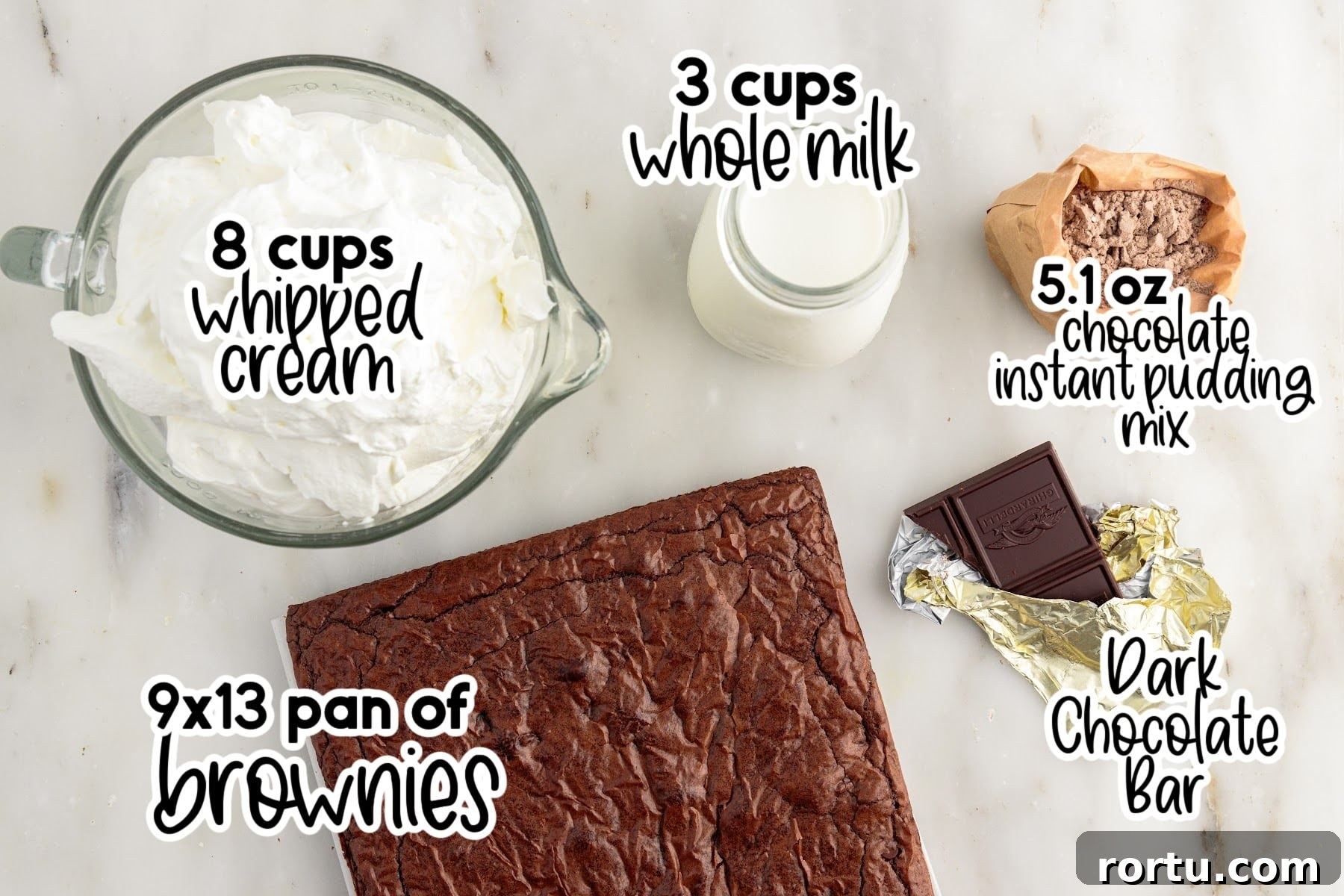 Ingredients needed to make Brownie Trifle Recipe with text overlay.