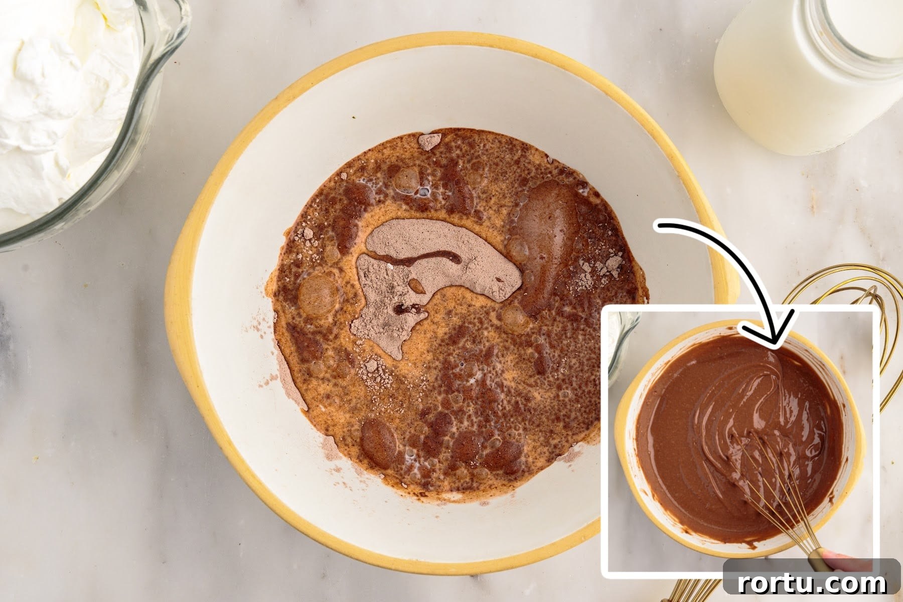 Milk and pudding in a mixing bowl and an image of the pudding mixture mixed together.