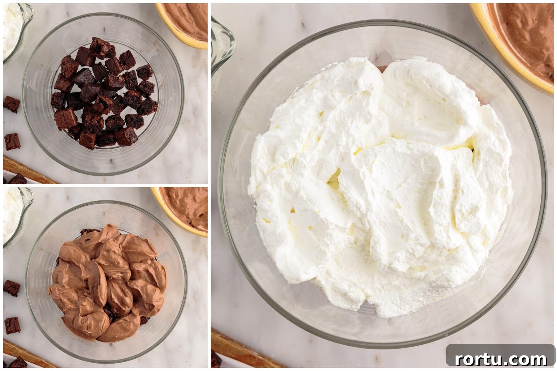 Three images of brownie chunks on the bottom of a trifle dish followed by pudding mixture and then whipped topping.