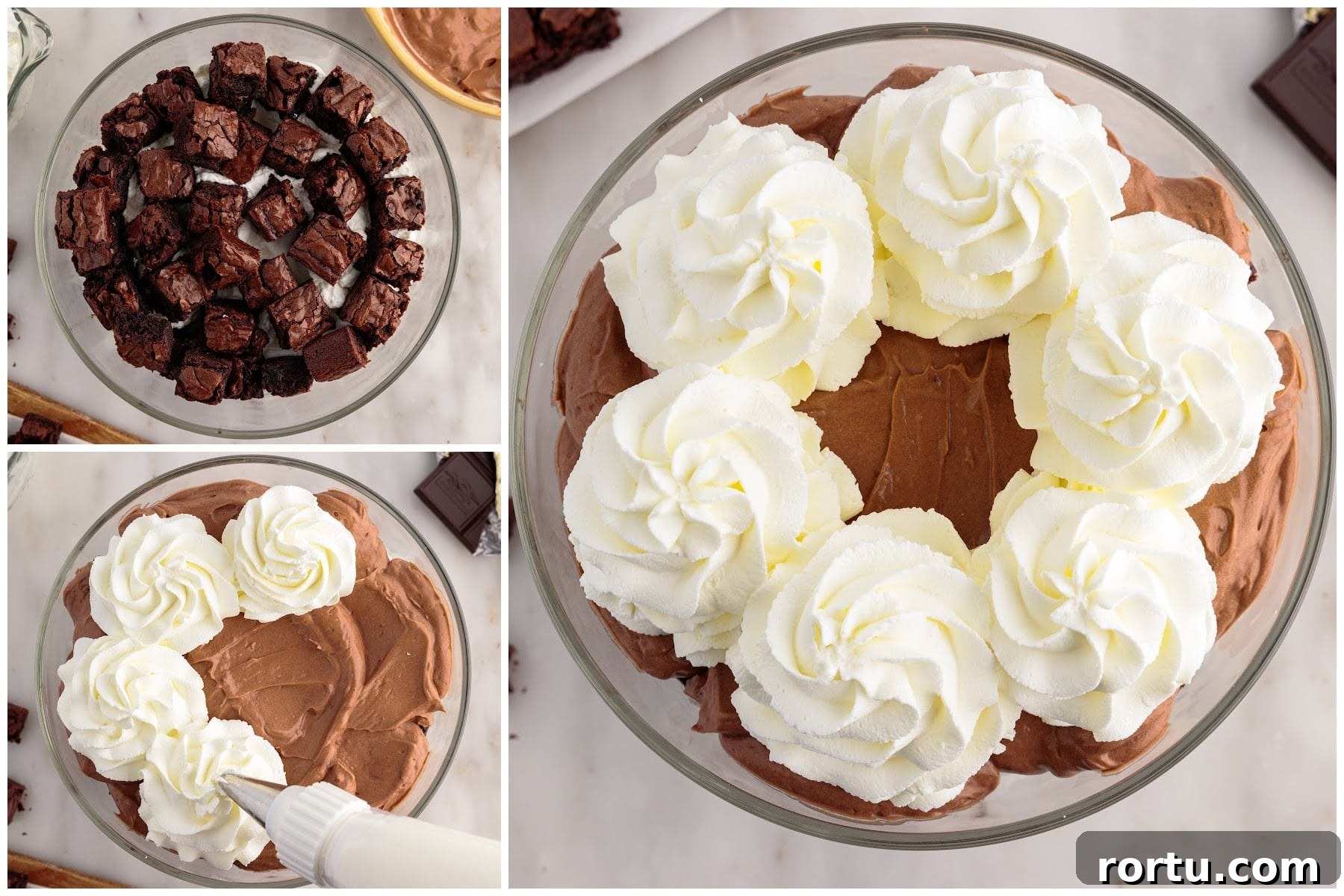 Three images of brownies added to the whipped topping and then two images of whipped cream flowers added to the top.