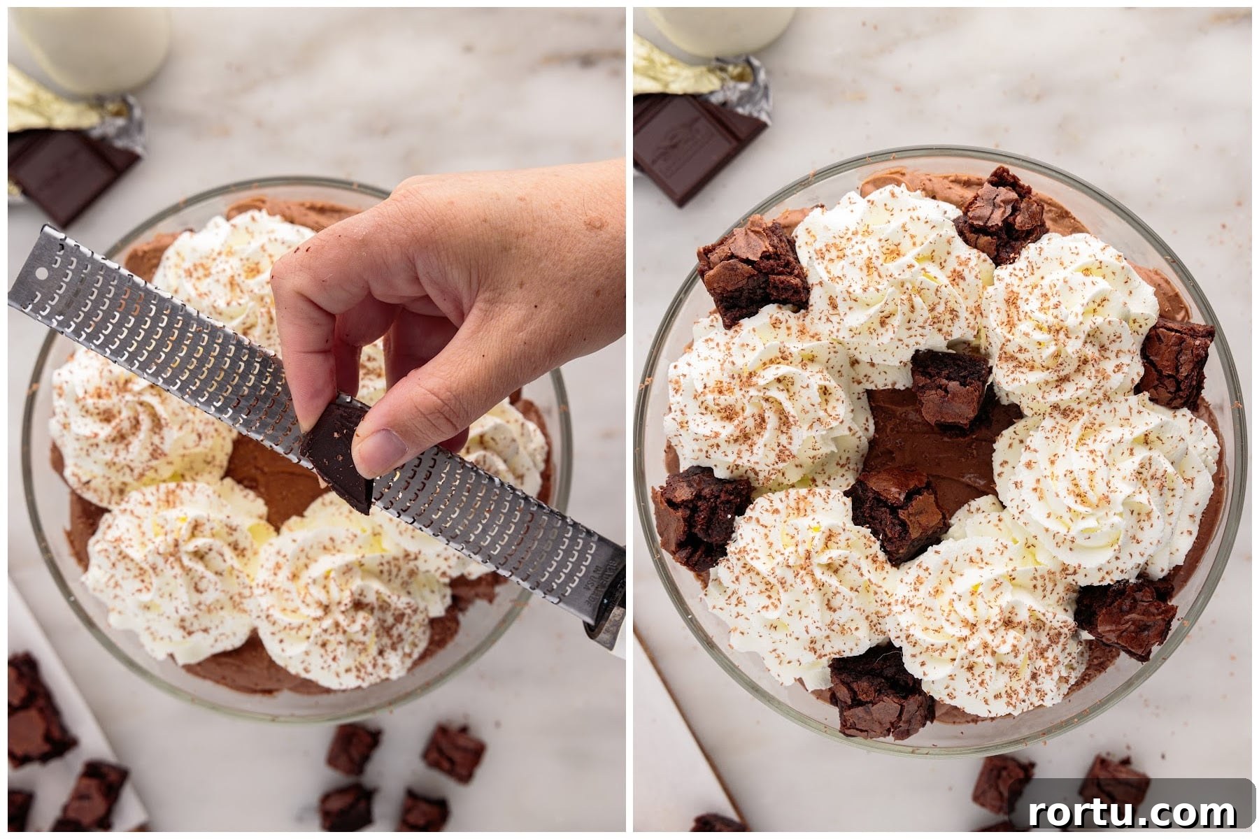Two images of chocolate grated over Brownie Trifle.
