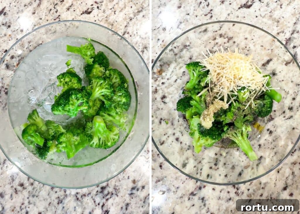 Crispy Smashed Broccoli with Parmesan and Garlic 4 Side by side images of broccoli being blanched in ice water and then broccoli in a bowl with garlic, parmesan cheese, spices and olive oil.