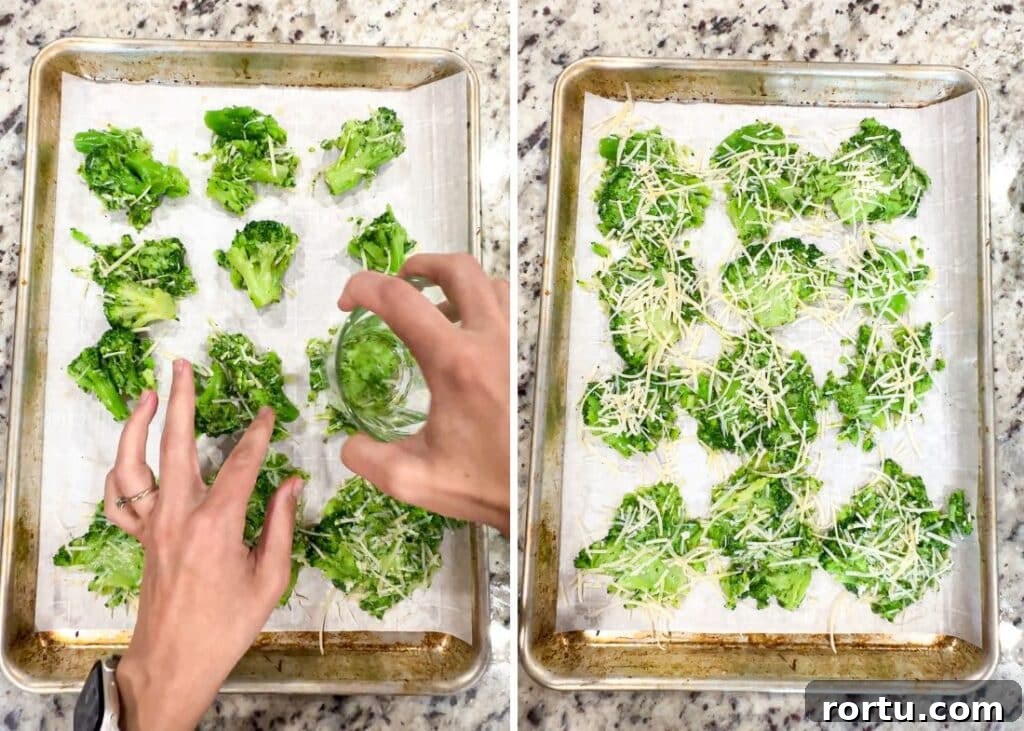Crispy Smashed Broccoli with Parmesan and Garlic 5 Side by side images of broccoli being smashed with a clear glass on a sheet pan.