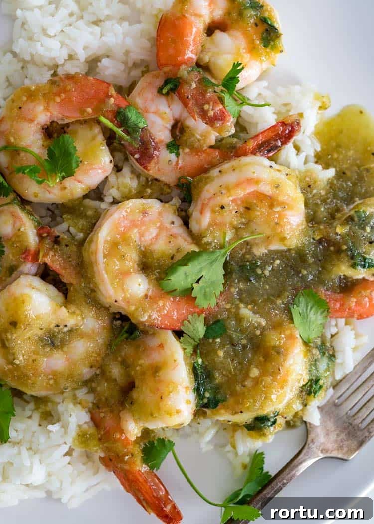 overhead shot of Salsa Verde Shrimp on white rice