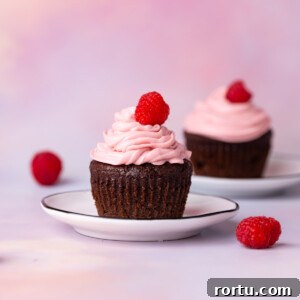 Chocolate cupcakes with homemade raspberry buttercream frosting topped with a fresh raspberry.