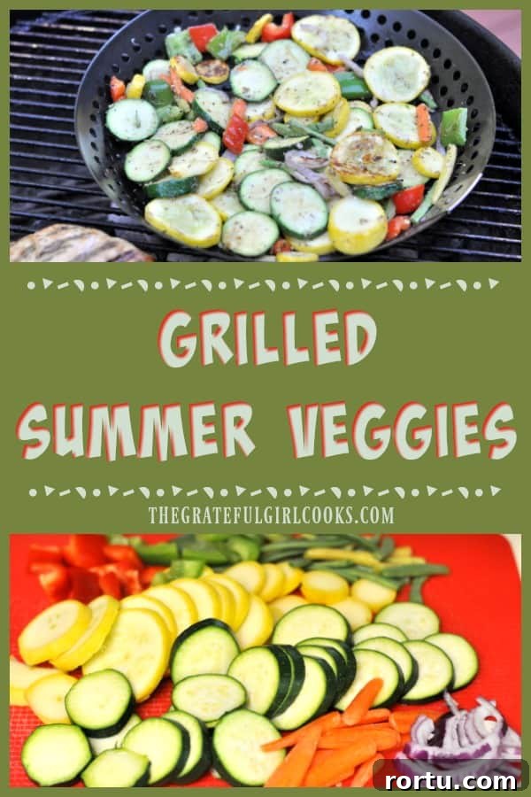 Grilled Summer Veggies, with zucchini, yellow squash, carrots, onion, green and red peppers and green beans are cooked on BBQ, then topped w/ Parmesan cheese!