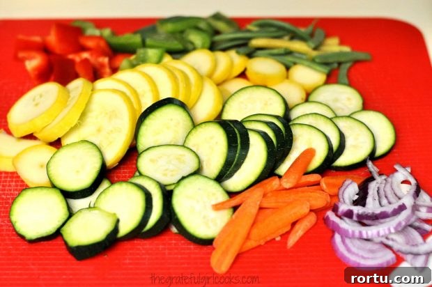 Summer veggies are sliced, and ready to be grilled.