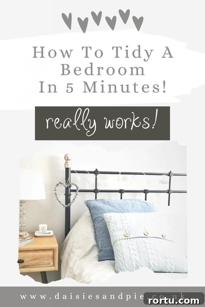 clean and tidy made bed with plumped up pillows. and straight sheets. Text overlay reads "how to tidy a bedroom in 5 minutes - really works - daisiesandpie.co.uk"