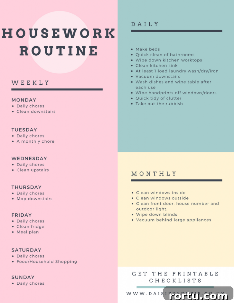 A printable housework routine timetable split into daily, weekly and monthly chores