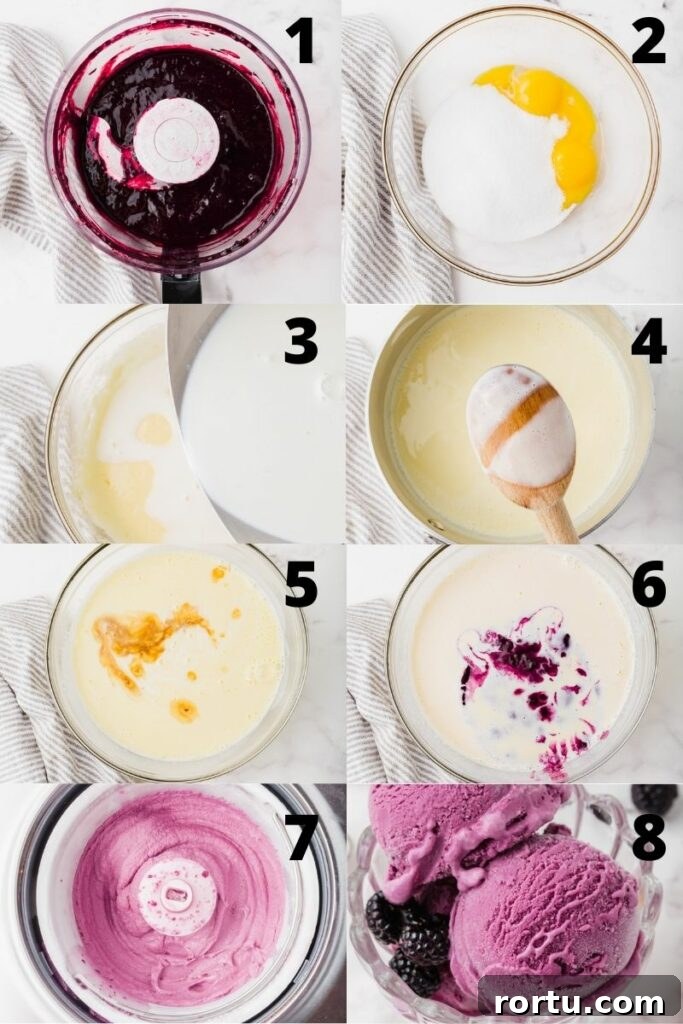 photo collage showing 8 steps needed to make black raspberry ice cream