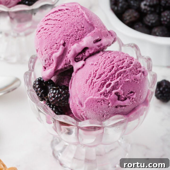 three scoops of purple, black raspberry ice cream in a scalloped glass ice cream dish with black raspberries for garnish.