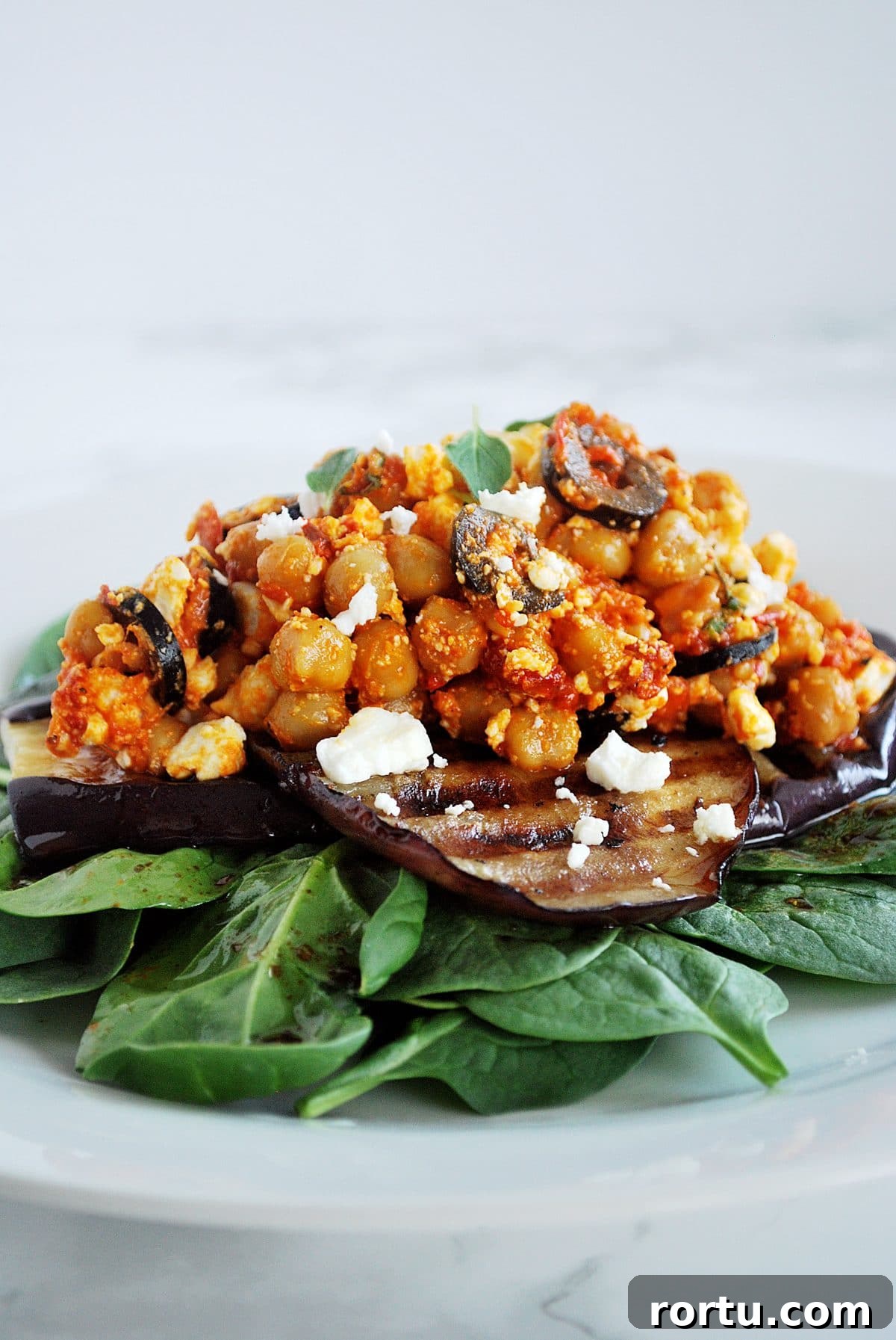 A side view of a plate of chickpea salad with grilled eggplant.