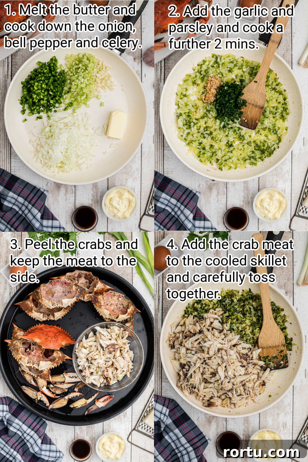 4 images showing how to cook a stuffed crab