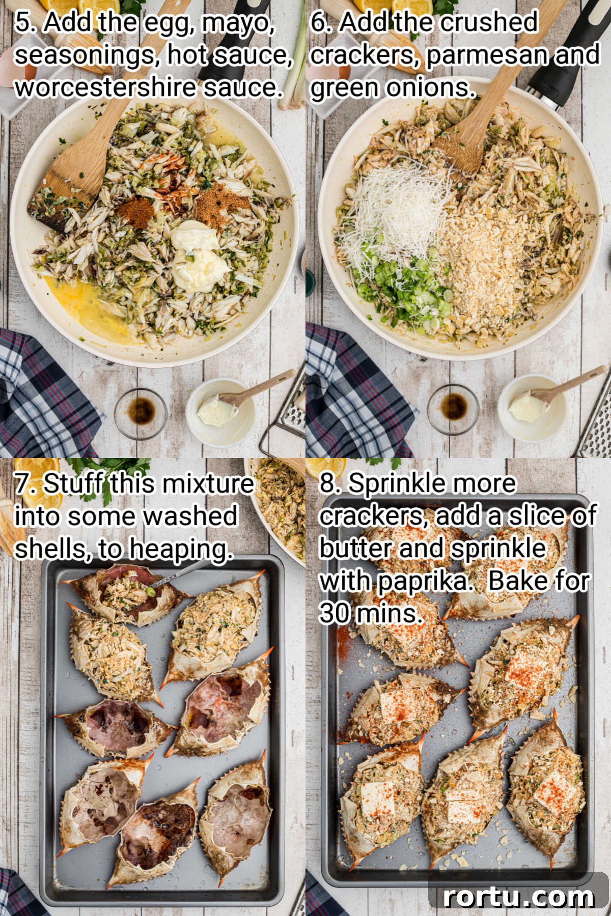 4 images showing the steps how to make a stuffed crab