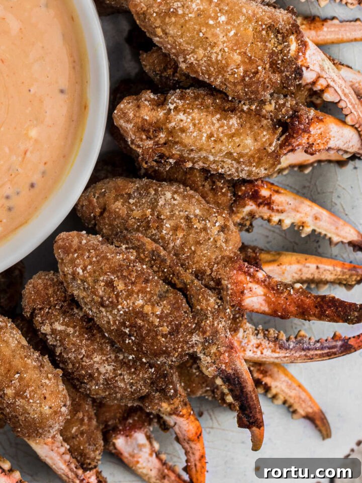 Close up of fried crab claws and a dip.