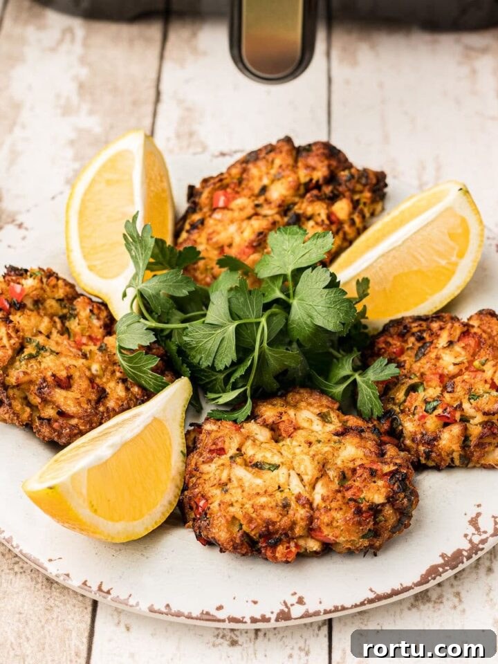 A plate of air fryer crab cakes with lemon wedges.