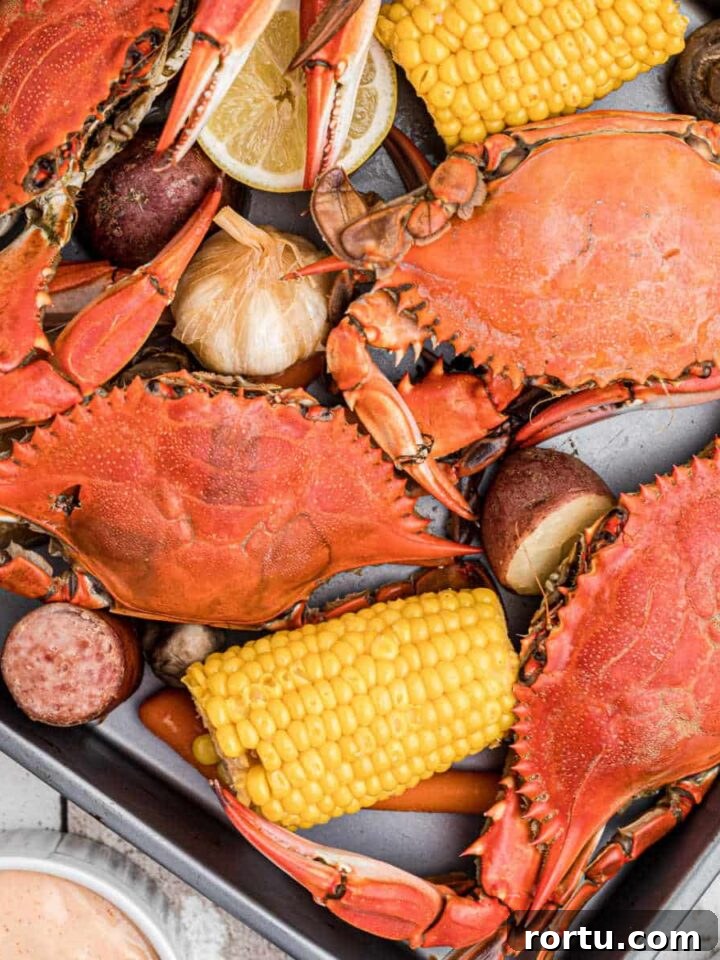 A tray of boiled crabs with veggies and dipping sauce.