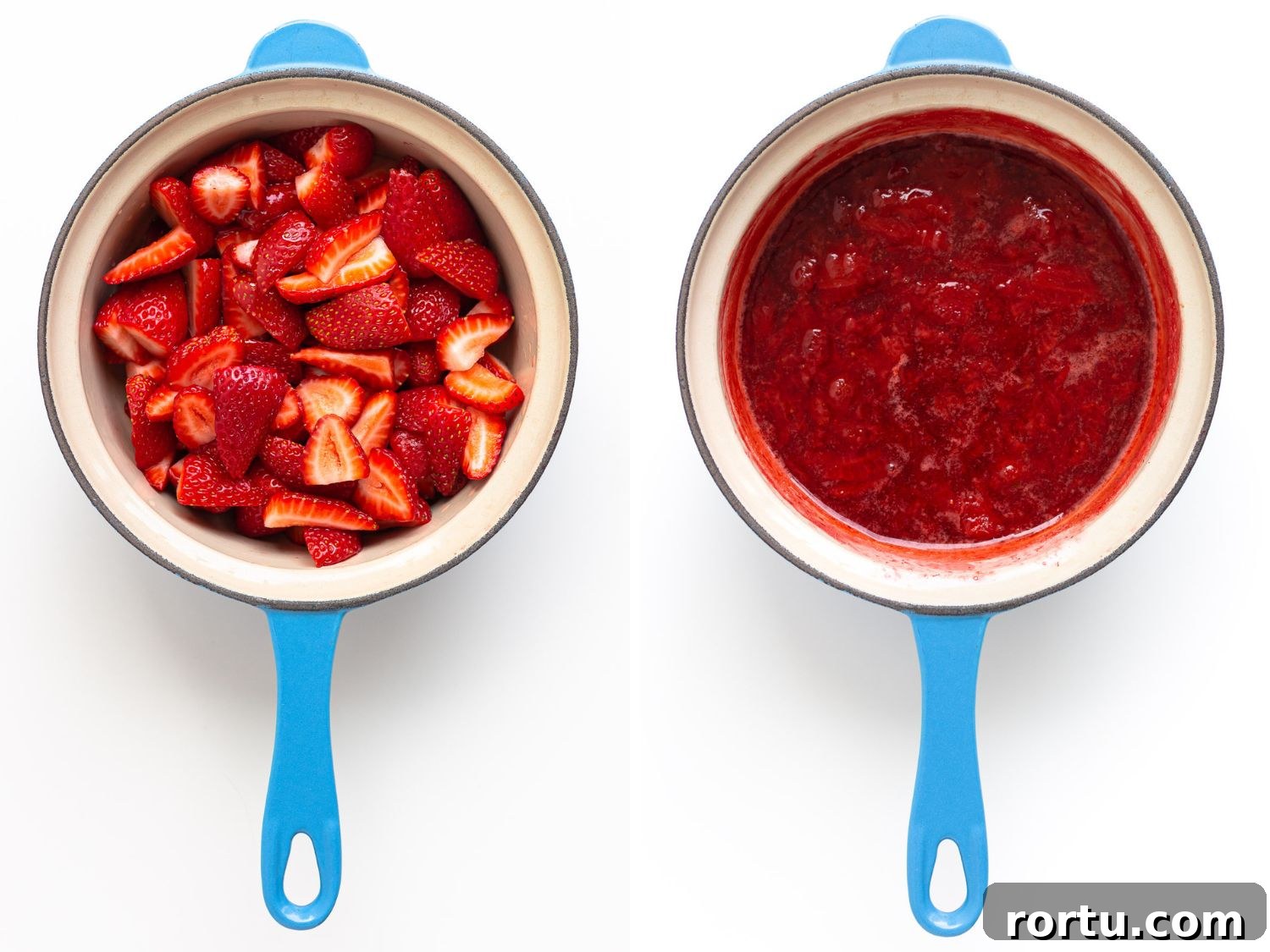 Photo collage of blue saucepan with strawberry compote before and after cooking.