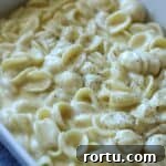close up of white cheddar macaroni and cheese in casserole dish