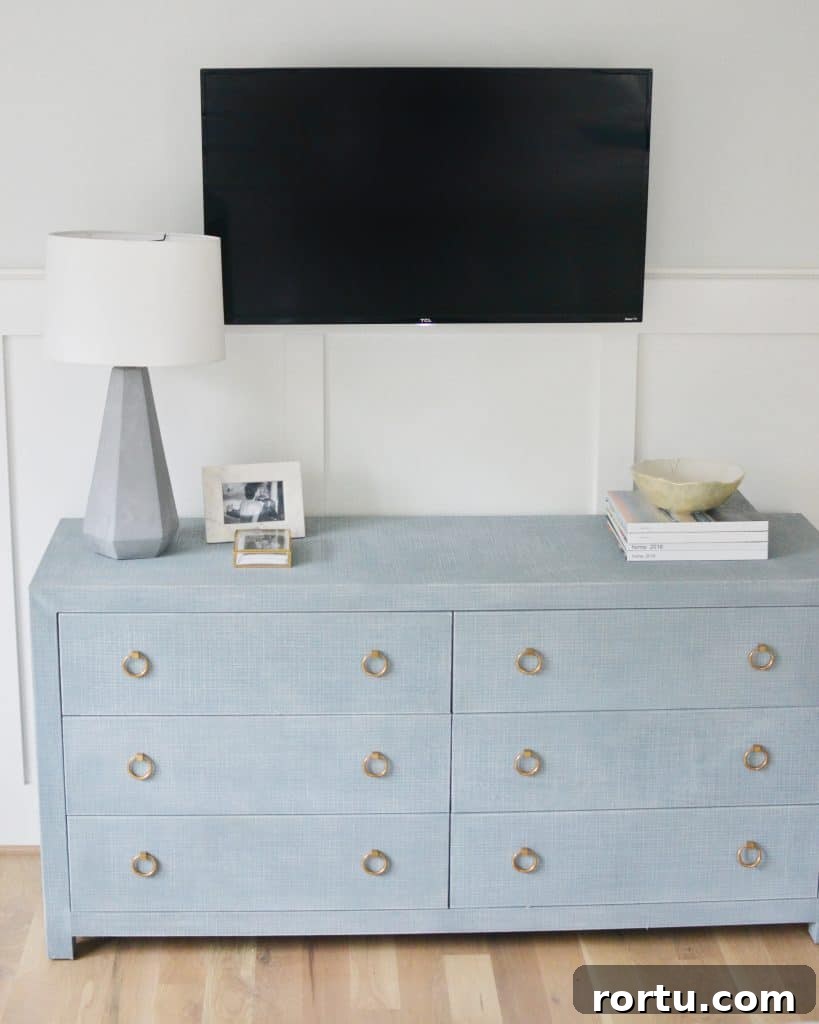 driftway dresser from Serena and lily and a tv mounted above it