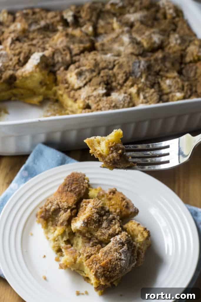 Overnight Challah French Toast Casserole on a fork