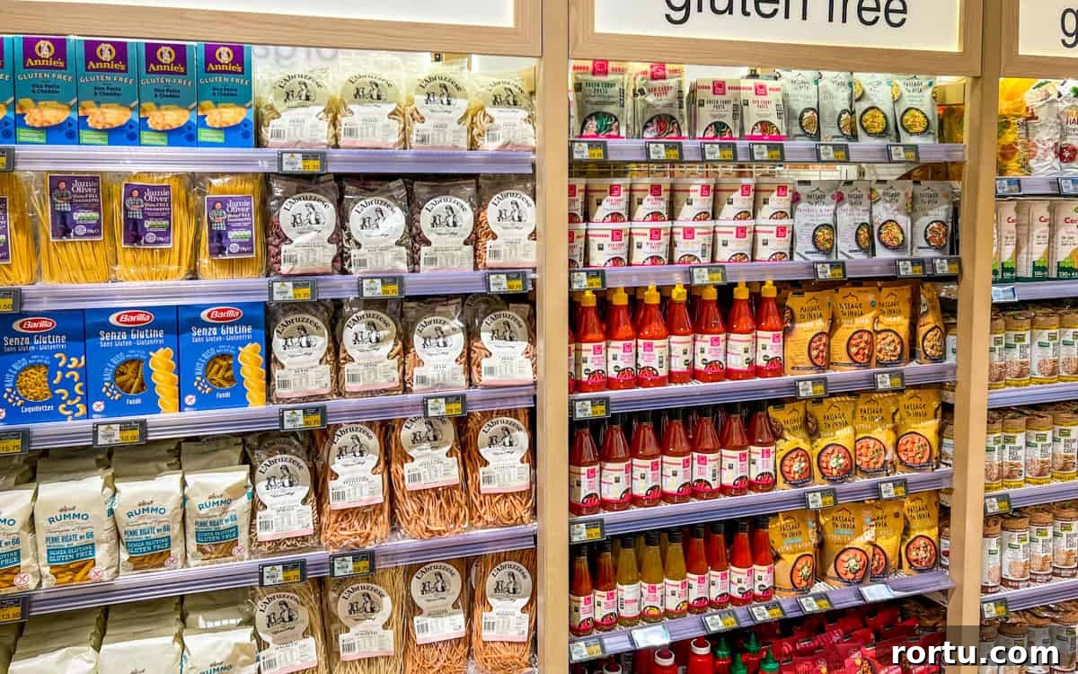 Photo of supermarket shelves with gluten-free pastas and tomato sauces.