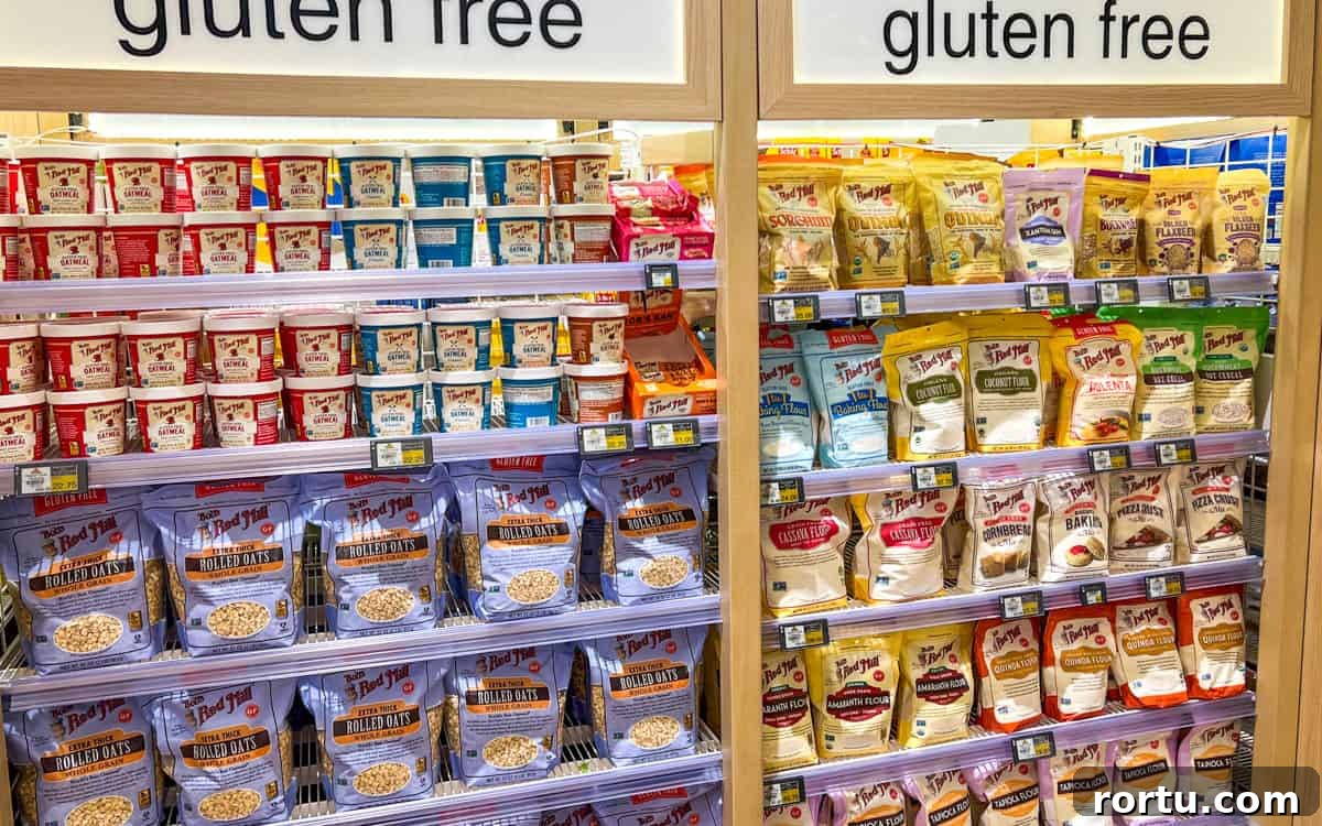 Photo of different gluten free flours on the supermarket shelves.