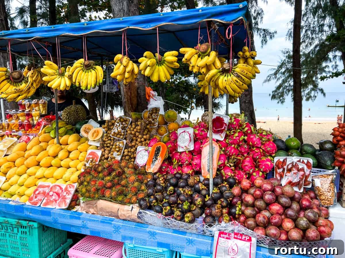 Photo of a fruit stall on a Thai beach.