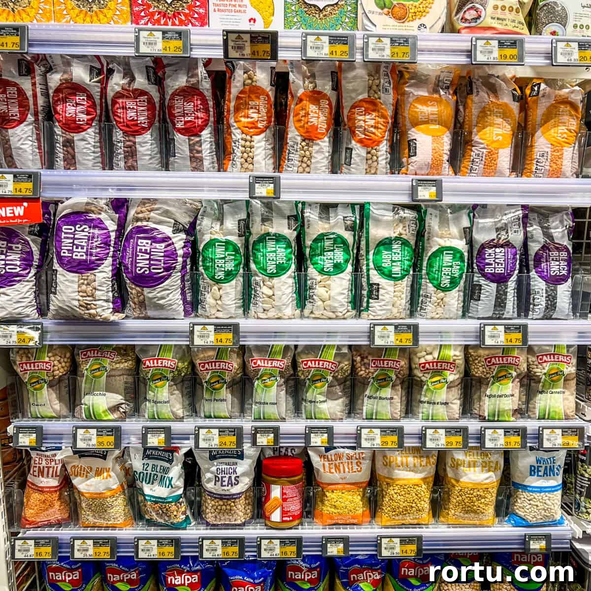 Photo of rows of shelves of dried bean packets in a supermarket.
