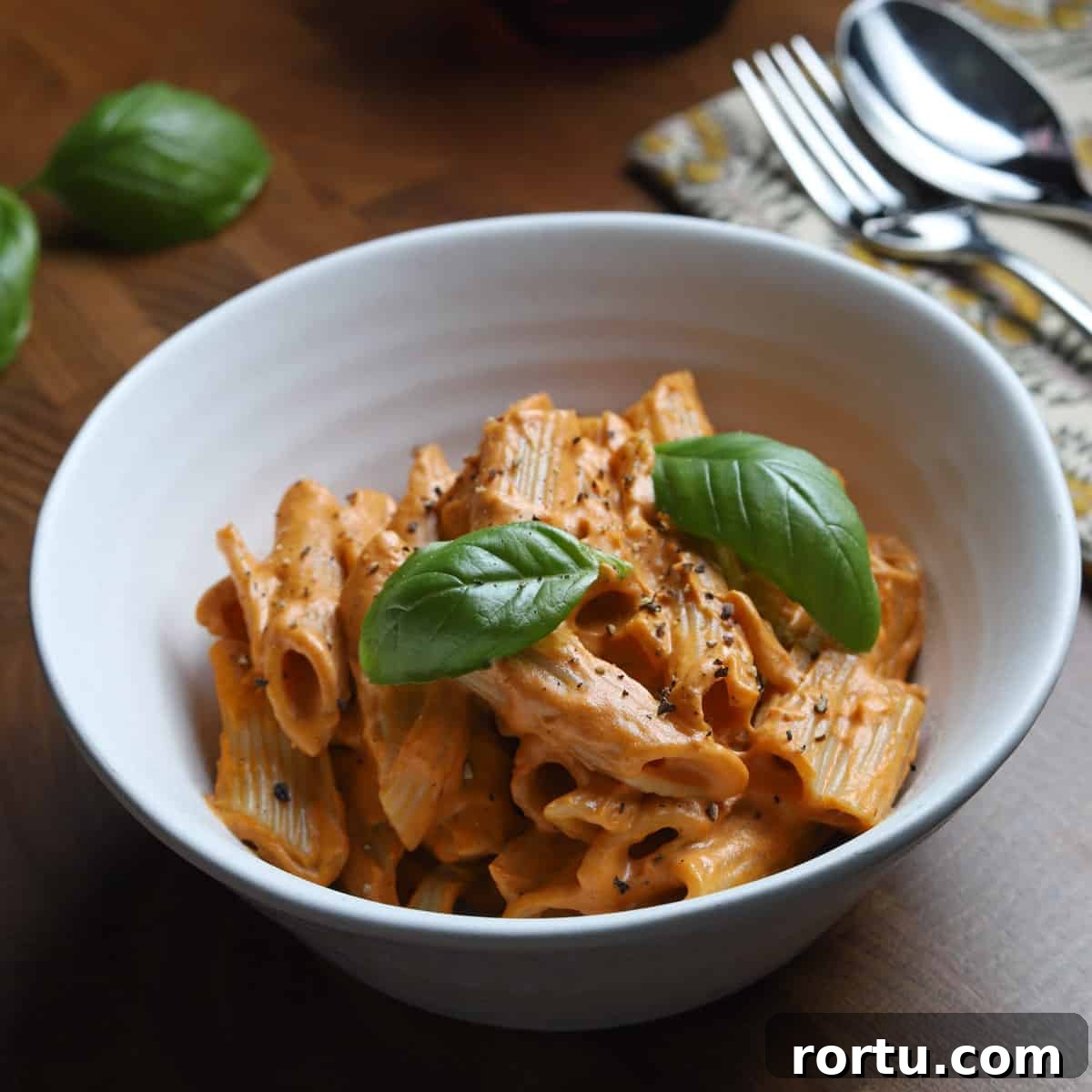 Photo of a bowl of vegan creamy tomato pasta on a wooden tabletop with cutlery and napkin.