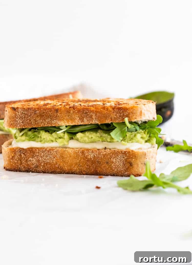 Grilled cheese sandwich with Havarti, avocado and baby arugula.