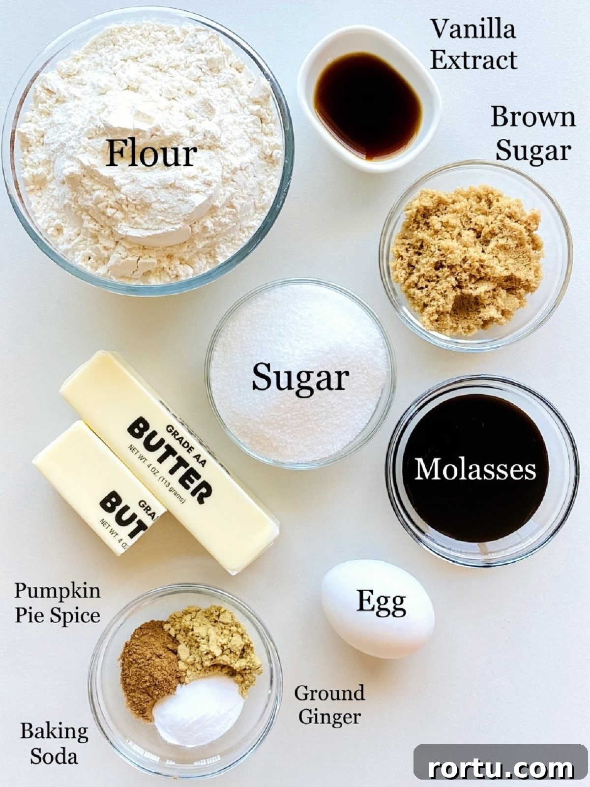 Soft Chewy Gingerbread Cookies Recipe for Holiday Baking 3 labeled photo of individual ingredients to make soft gingerbread cookies