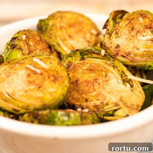 air fryer parmesan balsamic brussel sprouts close up