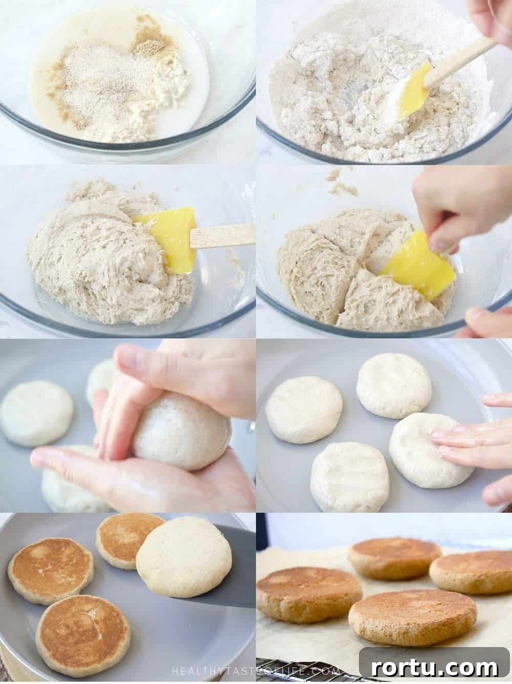 Photo collage showing step for making the gluten free sourdough English muffins: mixing the ingredients and forming the dough, shaping and cooking in the skillet 