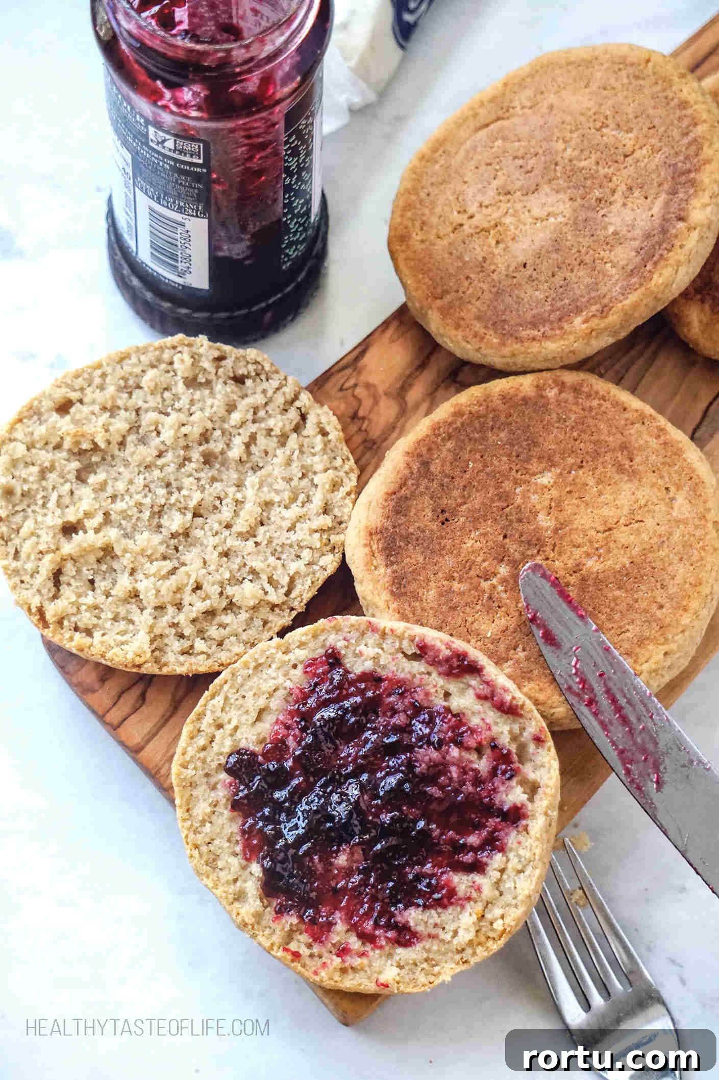 Skinny gluten free English muffins with black currant jam