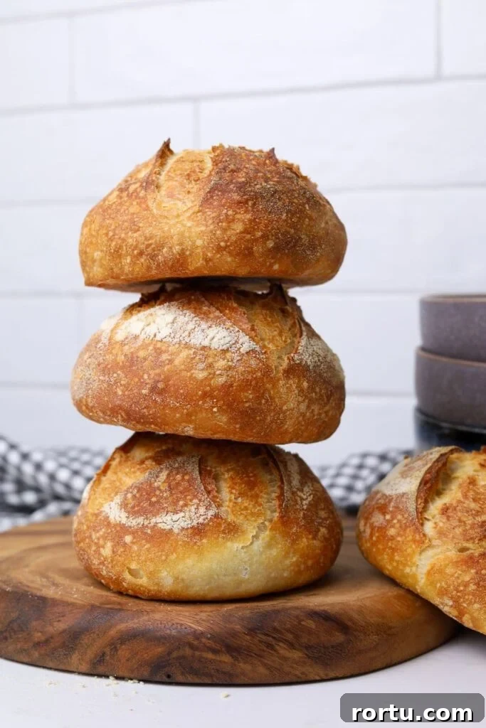 3 sourdough boules stacked on top of each other, each with a bubbly, caramelised crust as a result of using diastatic malt powder.
